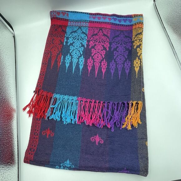 Pashmina Scarf Wrap Shawl 100% Pashmina Multicolor Fringe Boho 68x27 In - Picture 3 of 9
